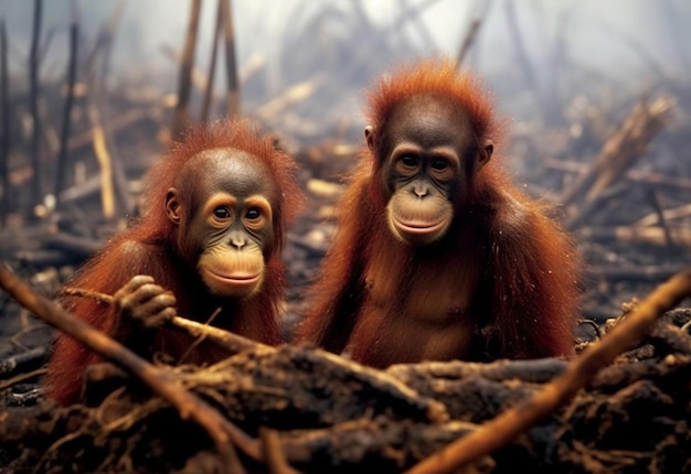 Un retrato de pobre orangután se ve triste por el bosque en llamas