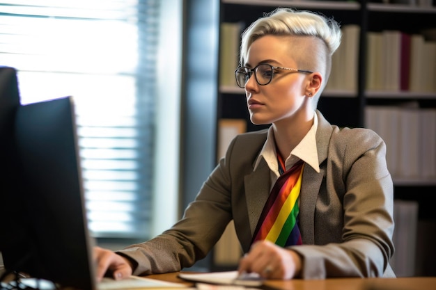 Retrato poderoso da mulher trabalhadora de escritório lgbtq aceitação generativa ai