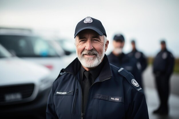 Un retrato de un policía sonriente en uniforme con colegas y coches de patrulla en el fondo que representa la presencia de la ley