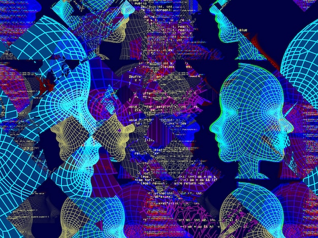 Retrato poligonal de um homem com efeito de falha Estilo Cyberpunk Imagem conceitual de inteligência artificialRealidade virtual Sistemas de Deep Learning e reconhecimento facial