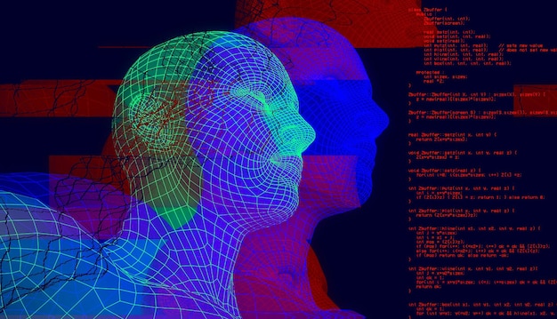 Retrato poligonal de un hombre con efecto de falla estilo Cyberpunk Imagen conceptual de inteligencia artificial Realidad virtual Sistemas de aprendizaje profundo y reconocimiento facial