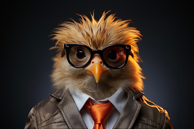 Retrato de pollito de gallina con gafas de sol con traje y corbata sobre fondo sólido IA generativa