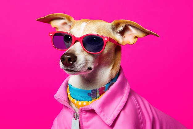 Retrato pop de um cachorro com óculos de sol vermelhos vestindo uma jaqueta rosa sobre um fundo rosa vibrante