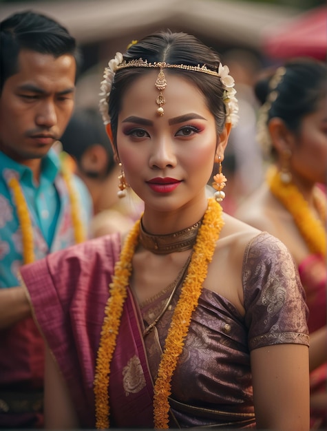 Retrato popular do festival de Songkran mostrando a beleza das roupas tradicionais tailandesas