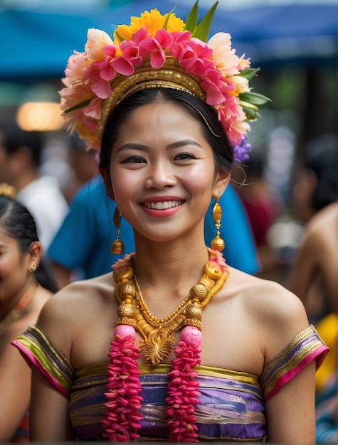 Retrato popular do festival de Songkran mostrando a beleza das roupas tradicionais tailandesas