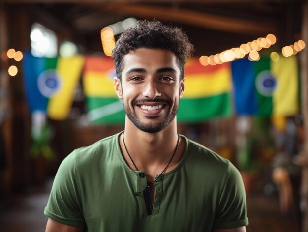 Retrato positivo de un surfista barbudo latino adulto en una tienda de tablas de surf comprando con una sonrisa feliz mirando a la cámara con un fondo colorido en el interior