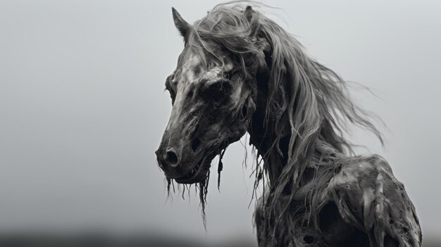 Retrato post-apocalíptico de un caballo con una elegancia inquietante en imágenes monocromáticas