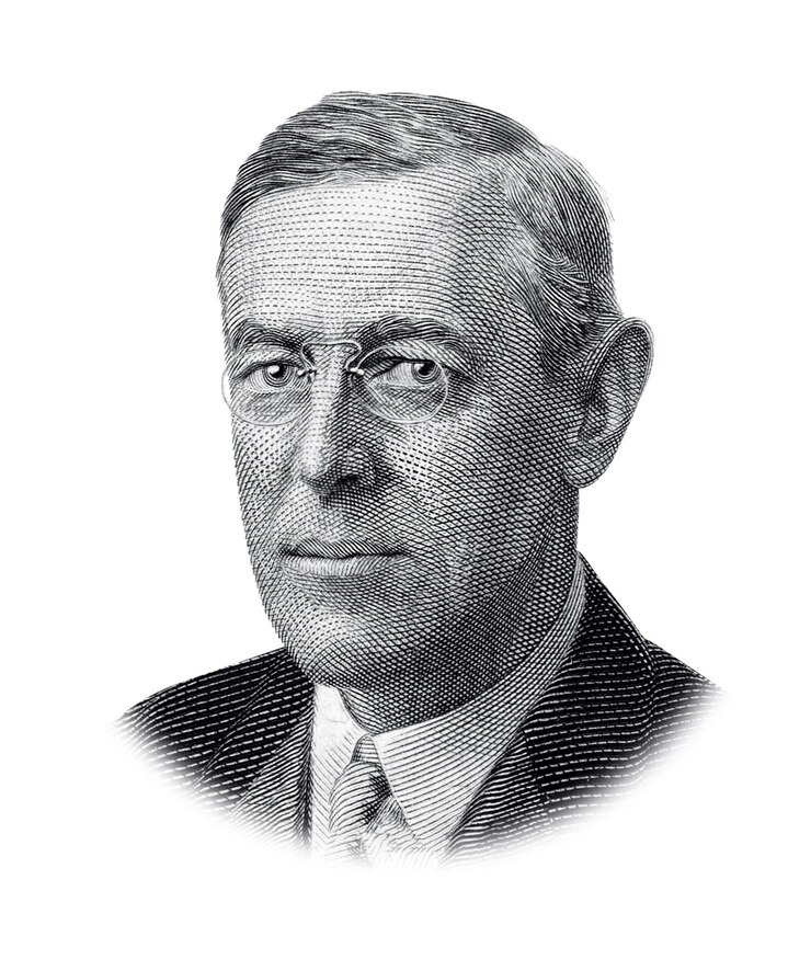 Retrato del presidente de Estados Unidos, Thomas Woodrow Wilson, aislado sobre fondo blanco.