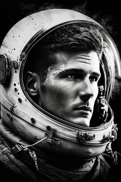 Retrato preto e branco de um astronauta masculino em um capacete e traje espacial