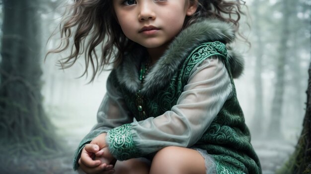 retrato de primavera de una hermosa niña de 5 años de edad que camina en un jardín en flor