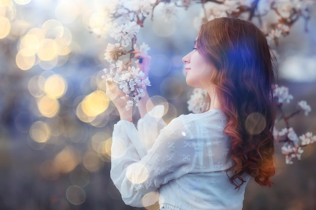 retrato de primavera de una mujer adulta feliz en un jardín floreciente, rayos de sol y deslumbramiento, niña de las flores de abril