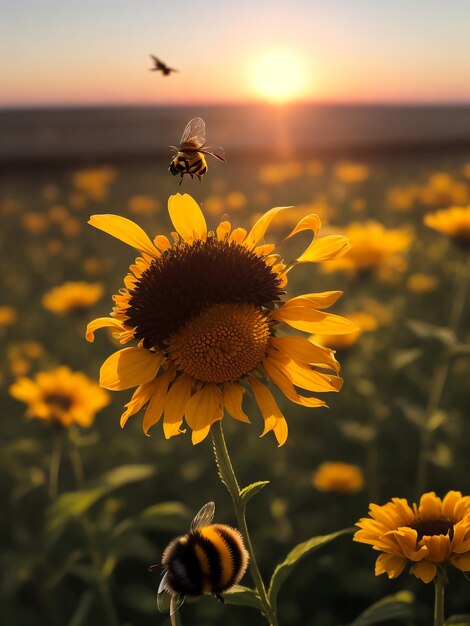 Retrato en primer plano de una abeja en un diente de león amarillo