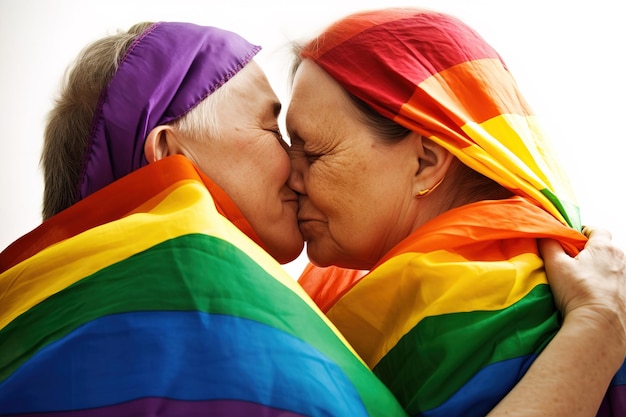 Retrato de primer plano de abuelas mayores besándose con amor cubiertas por la bandera del orgullo LGBTQ Foto de estudio