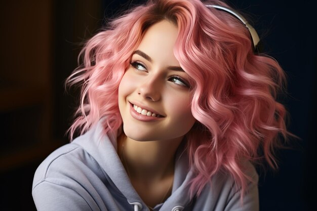 Foto retrato en primer plano de una adolescente caucásica feliz con el cabello rosado usando auriculares una chica bonita con una capucha con una sonrisa encantadora escuchando música divirtiéndose relajándose fondo borroso oscuro