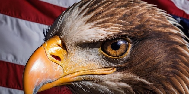 Retrato en primer plano de un águila con la bandera de los Estados Unidos en el fondo