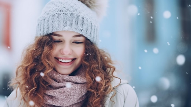 Retrato en primer plano al aire libre de una joven hermosa, feliz y sonriente con un sombrero blanco de punto, una bufanda y guantes Modelo posando en la calle Concepto de vacaciones de invierno Tonado