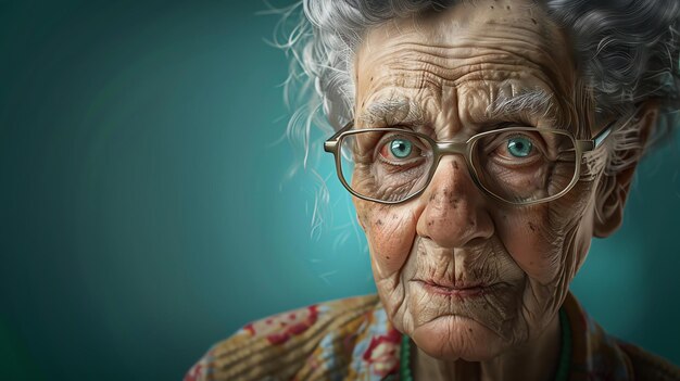 Retrato en primer plano de una anciana con gafas mirando a la cámara con una expresión seria