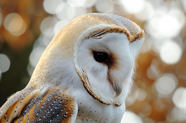 Foto retrato de primer plano del búho tyto alba con bokeh