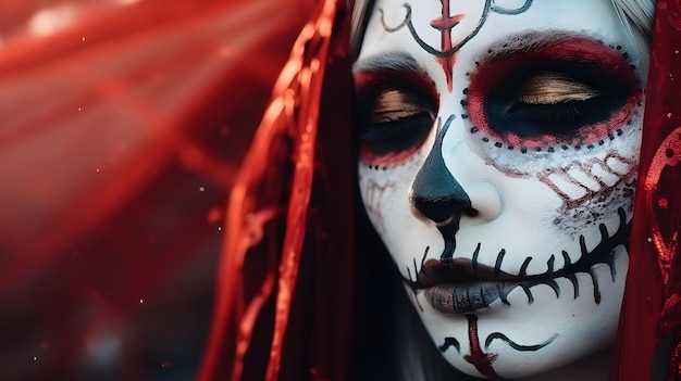 Retrato en primer plano de Calavera Catrina joven con maquillaje de calavera de azúcar de Halloween Día de los muertos Día de los Muertos