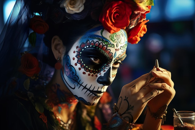 Retrato en primer plano de calavera catrina mujer joven con maquillaje de cráneo de azúcar día de los muertos