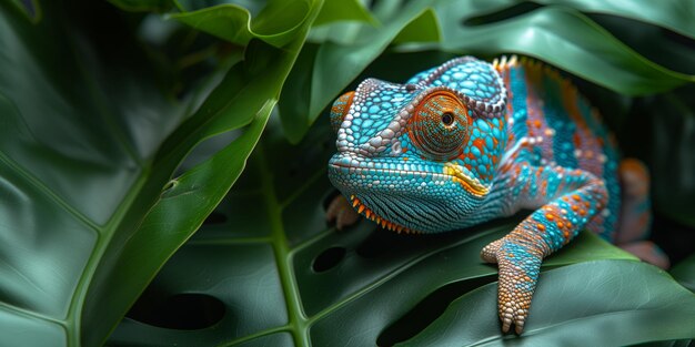 Foto retrato en primer plano de camaleón colorido sobre fondo verde en hoja tropical concepto de vida silvestre