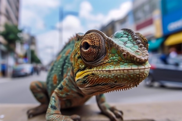 Retrato de primer plano de camaleón con efecto de lente ojo de pez en la carretera de la ciudad IA generativa