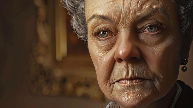 Retrato en primer plano de la cara de una anciana tiene arrugas y manchas de la edad pero sus ojos todavía están llenos de vida