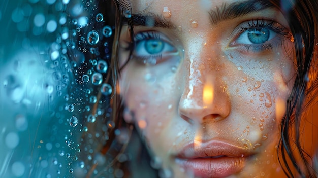 Retrato en primer plano de la cara de una hermosa chica con gotas de lluvia en el vidrio