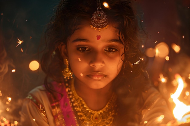 Retrato en primer plano de la celebración de Diwali de una niña india