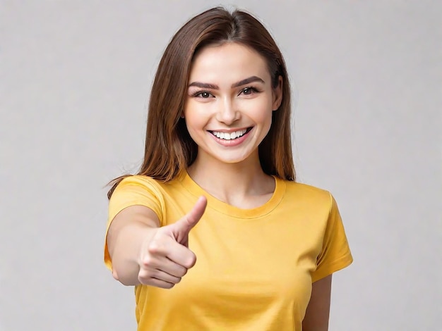 Foto retrato en primer plano de una chica encantadora, encantadora, sonriente y alegre que señala con el dedo índice