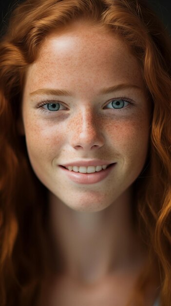 Retrato en primer plano de una chica pelirroja con pecas y una sonrisa alegre con un gran cuidado de la piel y el cabello