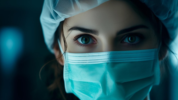 Retrato en primer plano de una cirujana con una máscara médica