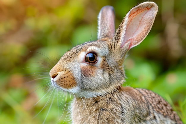 Retrato en primer plano de un conejo marrón salvaje con orejas largas en un hábitat verde natural