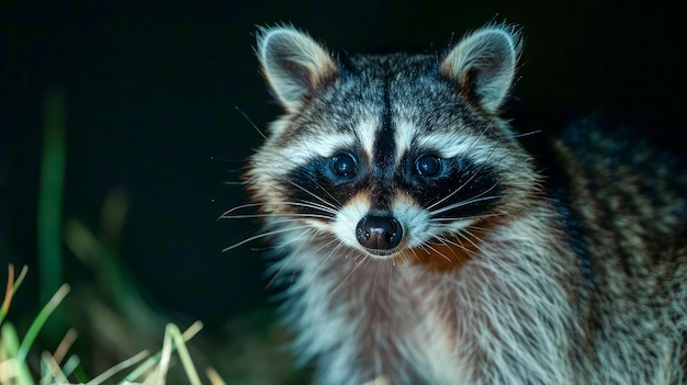 Retrato de primer plano de un curioso mapaches con ojos llamativos en un hábitat natural oscuro por la noche