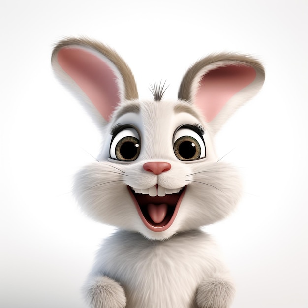 Un retrato en primer plano de dibujos animados en 3D de un conejo con expresión de felicidad