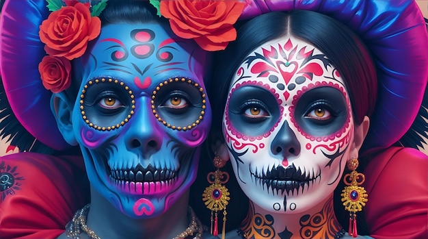 Retrato de primer plano de él él ella ella bonita glamorosa espeluznante espeluznante espeluznante pareja de moda abrazando la celebración del culto de Santa Muerte calavera AI Generativo