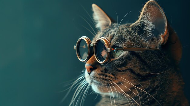 Un retrato en primer plano de un gato con gafas steampunk El gato está mirando a la derecha del marco El fondo es azul oscuro