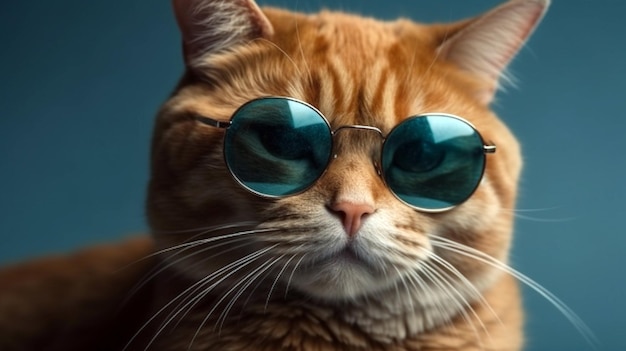 Retrato de primer plano de gato jengibre divertido con gafas de sol aislado en gato fresco cian claro