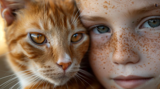 Un retrato en primer plano de un gato naranja con manchas blancas al lado de una joven con pecas