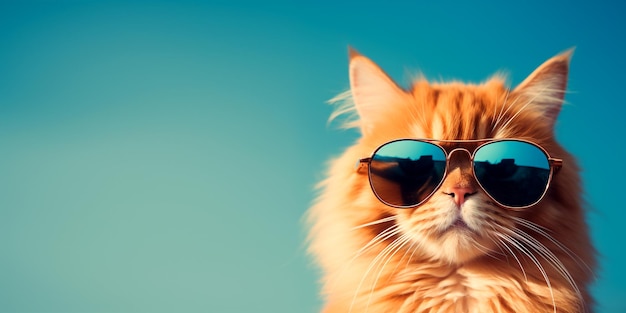 Retrato en primer plano de un gato rojo gracioso con gafas de sol en un espacio azul claro Copiar el borde para el diseño generado por la IA
