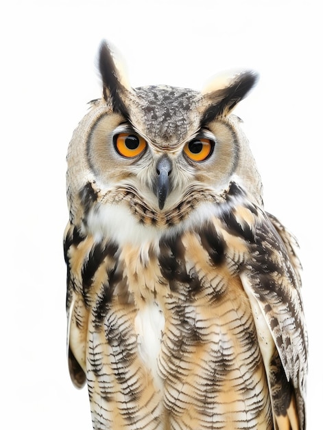 Retrato en primer plano de un gran búho de cuernos con ojos penetrantes aislados en blanco