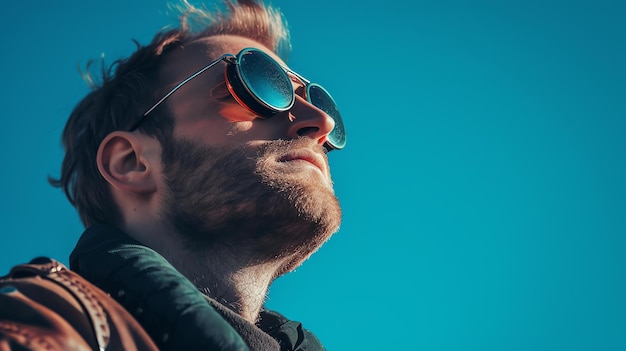 Retrato en primer plano de un guapo joven modelo masculino con barba y gafas de sol que mira lejos de la cámara con una expresión pensativa