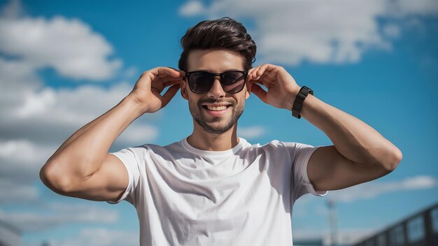 Retrato en primer plano de un guapo y sonriente hipster lambersexual modelo hombre elegante vestido con una camiseta blanca