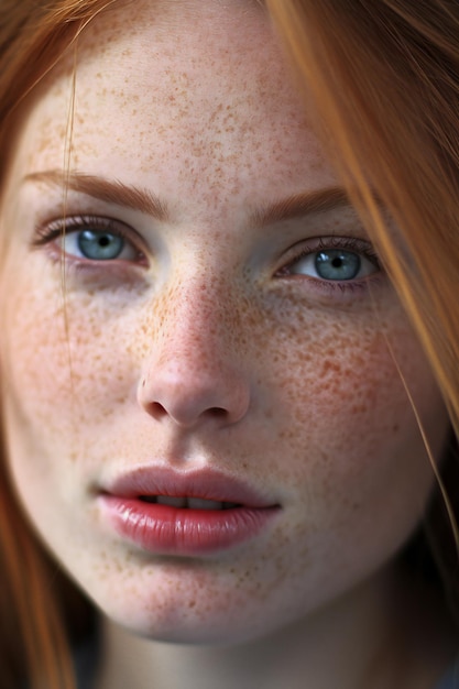 Retrato en primer plano de una hermosa chica pelirroja con pecas