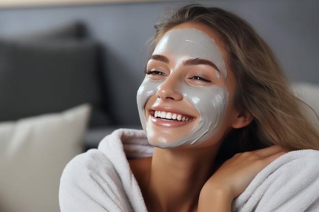 Retrato en primer plano de una hermosa chica sonriente en un estudio de spa aplicando una máscara a su cara belleza de spa