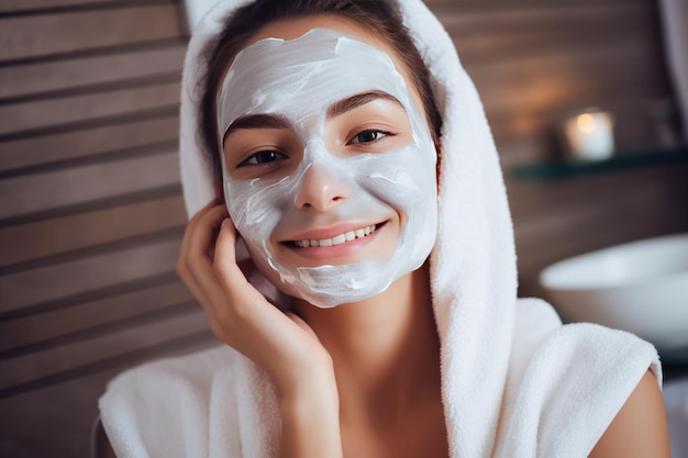 Retrato en primer plano de una hermosa chica sonriente con una toalla en la cabeza aplicando una máscara facial en la cara