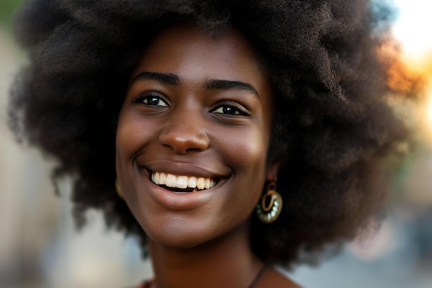 Retrato en primer plano de una hermosa joven afroamericana sonriendo