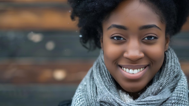 Retrato en primer plano de una hermosa joven afroamericana sonriente Ella lleva una bufanda gris y tiene el cabello en un afro natural