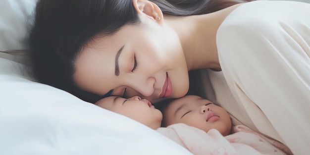 Retrato en primer plano de una hermosa joven asiática caucásica de día de la madre besando a un bebé recién nacido saludable