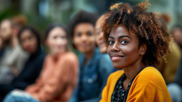 Retrato en primer plano de una hermosa joven con el cabello rizado sonriendo a la cámara